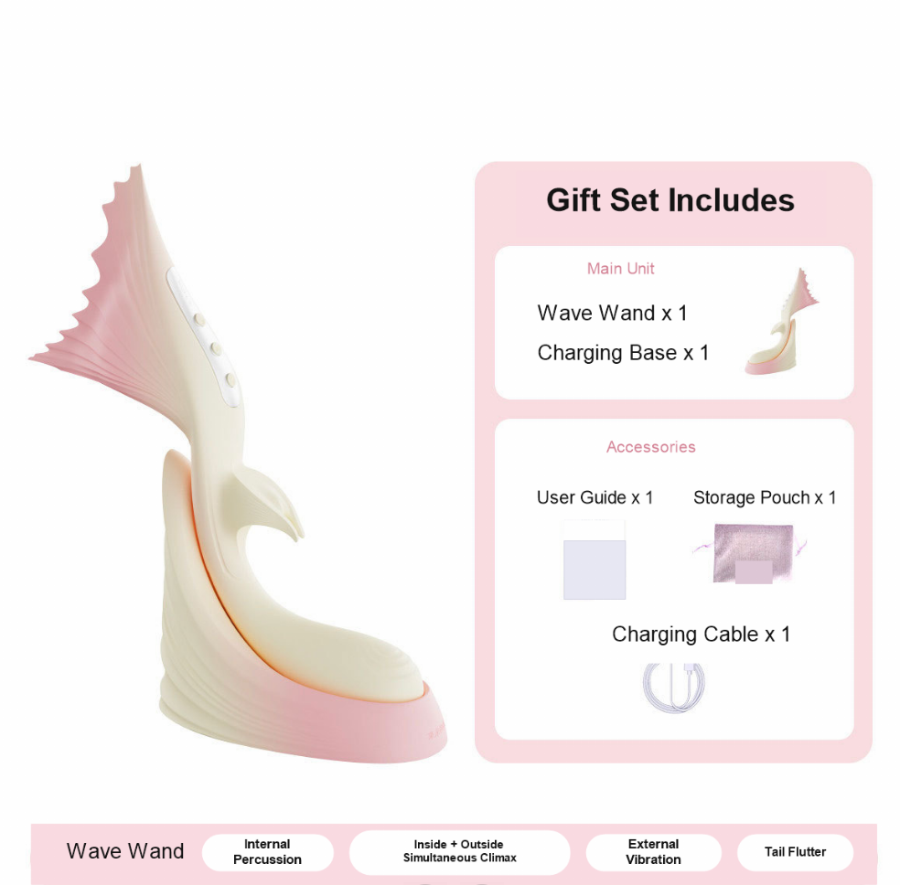 Mermaid Flapping Vibrator with Tail Percussion and accessories including user guide and charging cable.