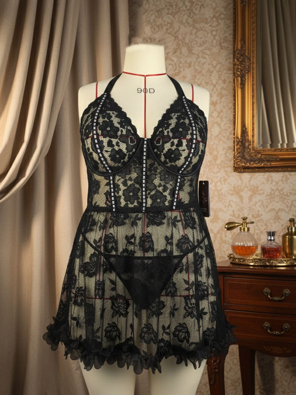 Plus Size Sheer Lace Chemise Lingerie Set with Side Slits