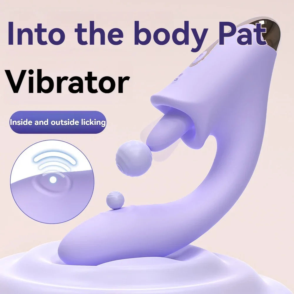 Purple dual-action vibrator with curved design and text highlighting internal and external stimulation.