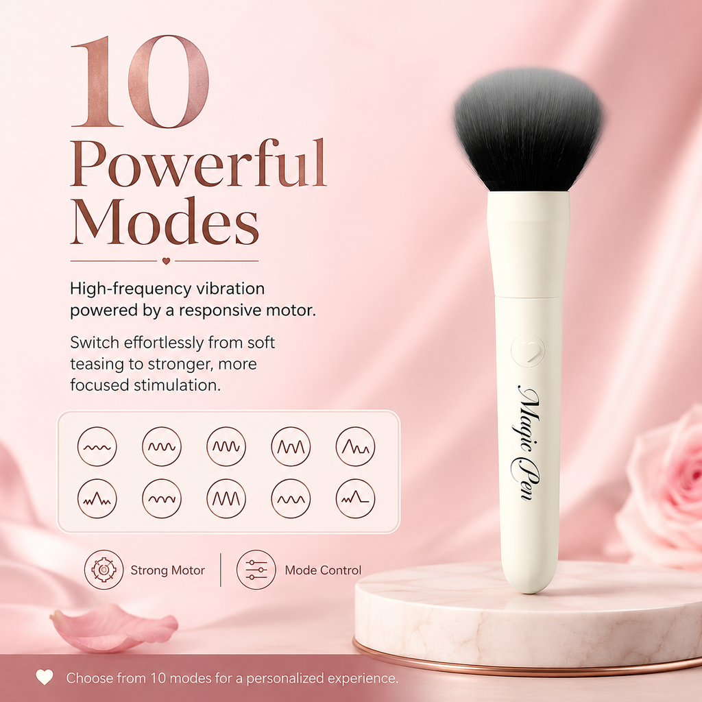 Makeup brush vibrator showing ten vibration modes for adjustable external stimulation
