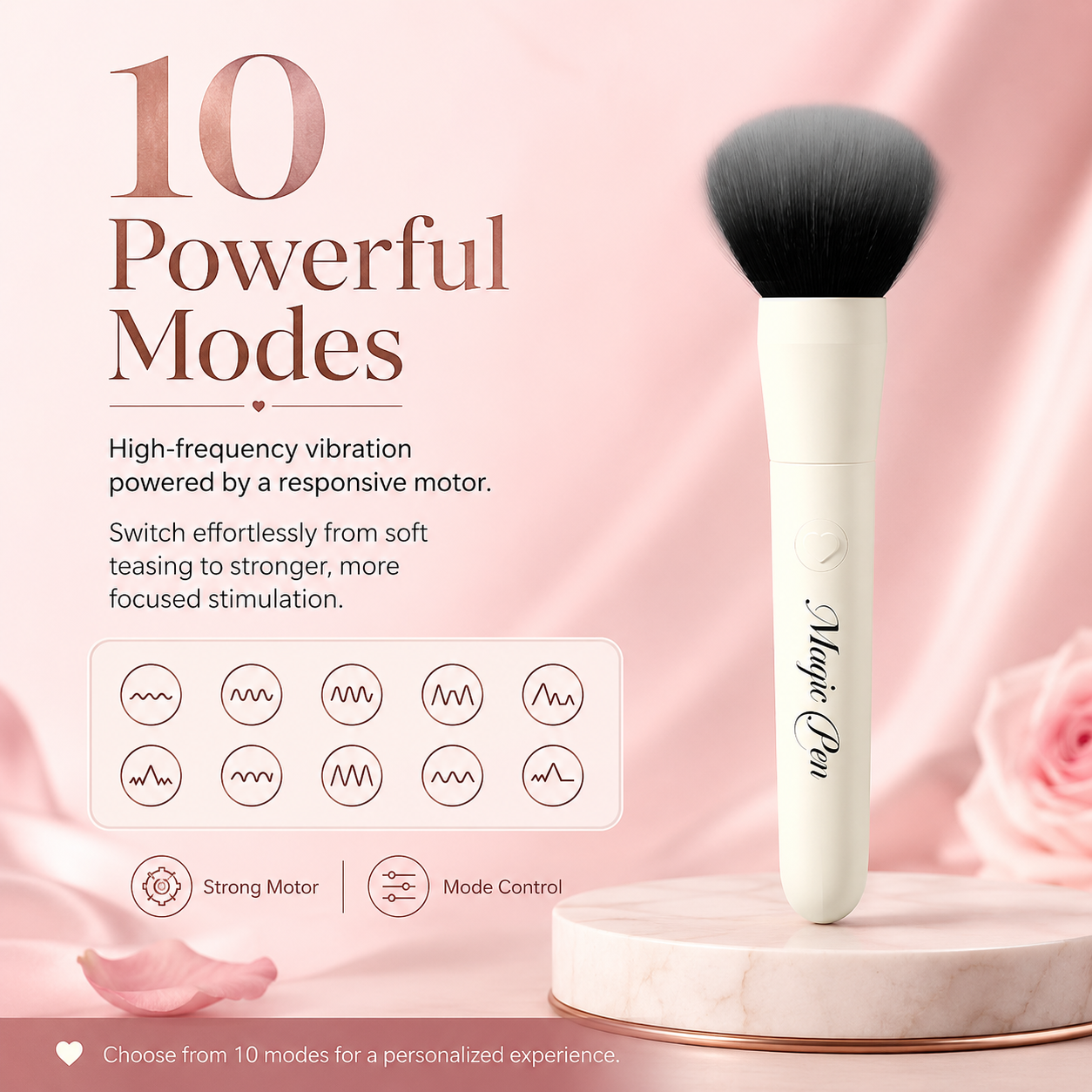 Makeup brush vibrator showing ten vibration modes for adjustable external stimulation