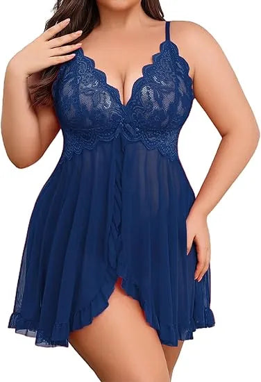 Plus Size Lace Lingerie V-Neck Open Front Chemise Sexive Nightdress