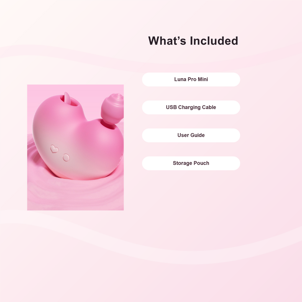 APP Heart Suction Vibrator with Tongue Licking and accessories shown on a pink background.