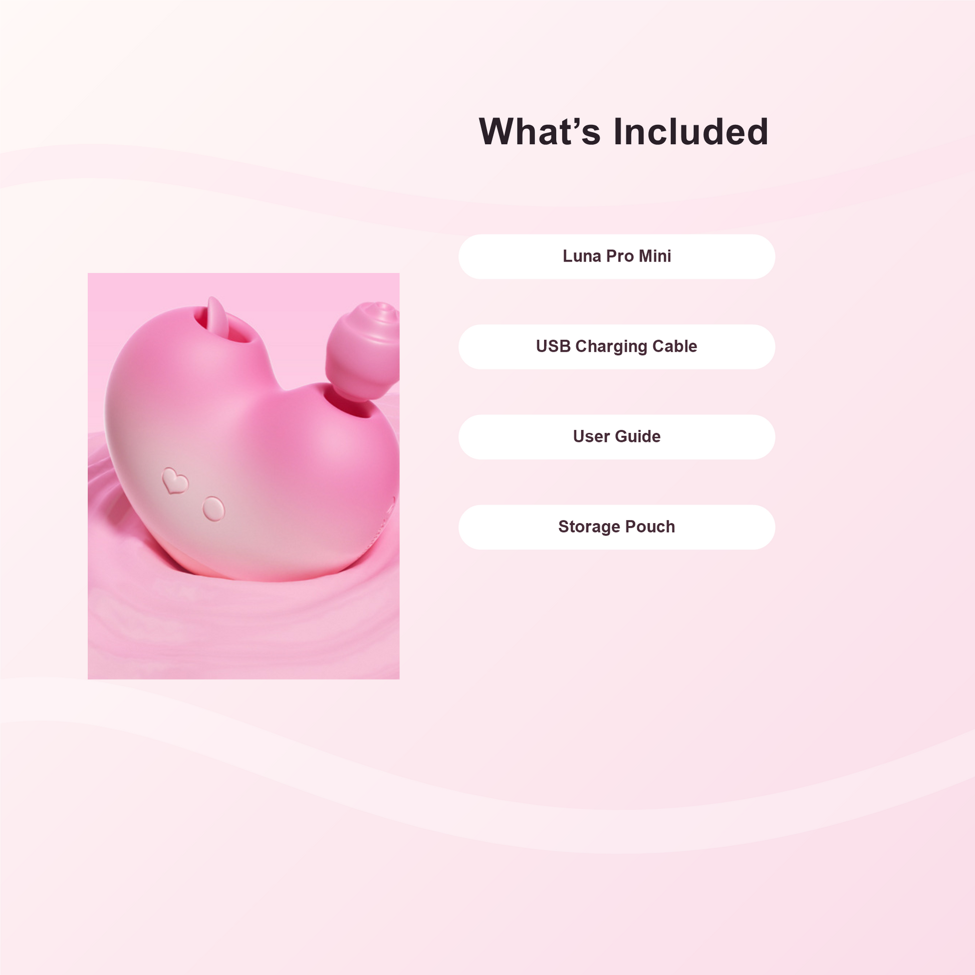 APP Heart Suction Vibrator with Tongue Licking and accessories shown on a pink background.