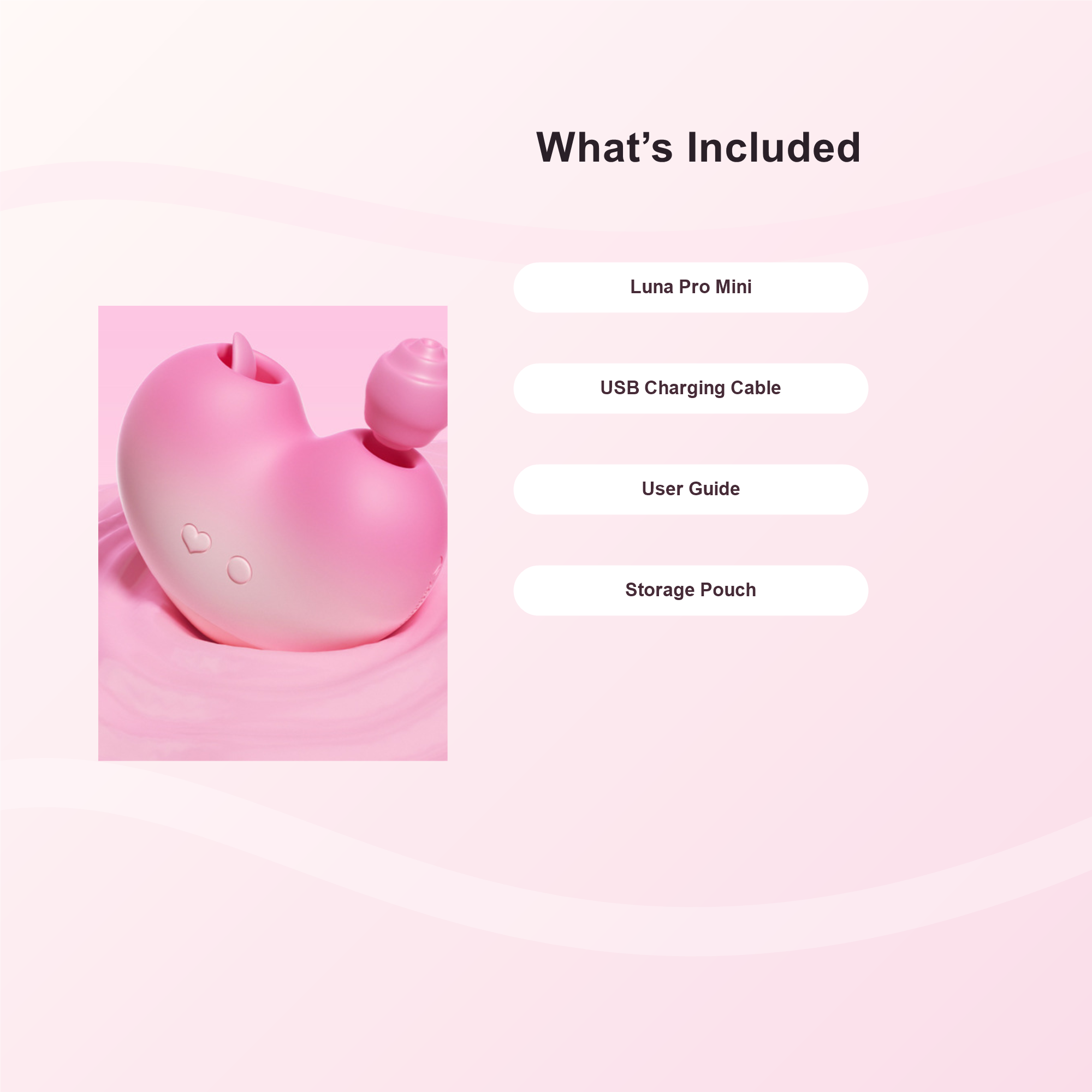 APP Heart Suction Vibrator with Tongue Licking and accessories shown on a pink background.