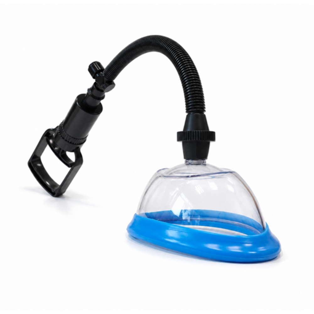 Assembled vulva pump with clear blue-rim cup and hand pump