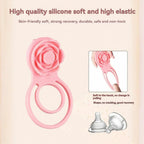 Pink silicone rose-shaped double ring, soft elastic material for intimate wellness use