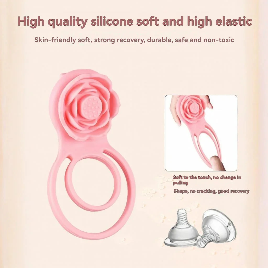 Pink silicone rose-shaped double ring, soft elastic material for intimate wellness use