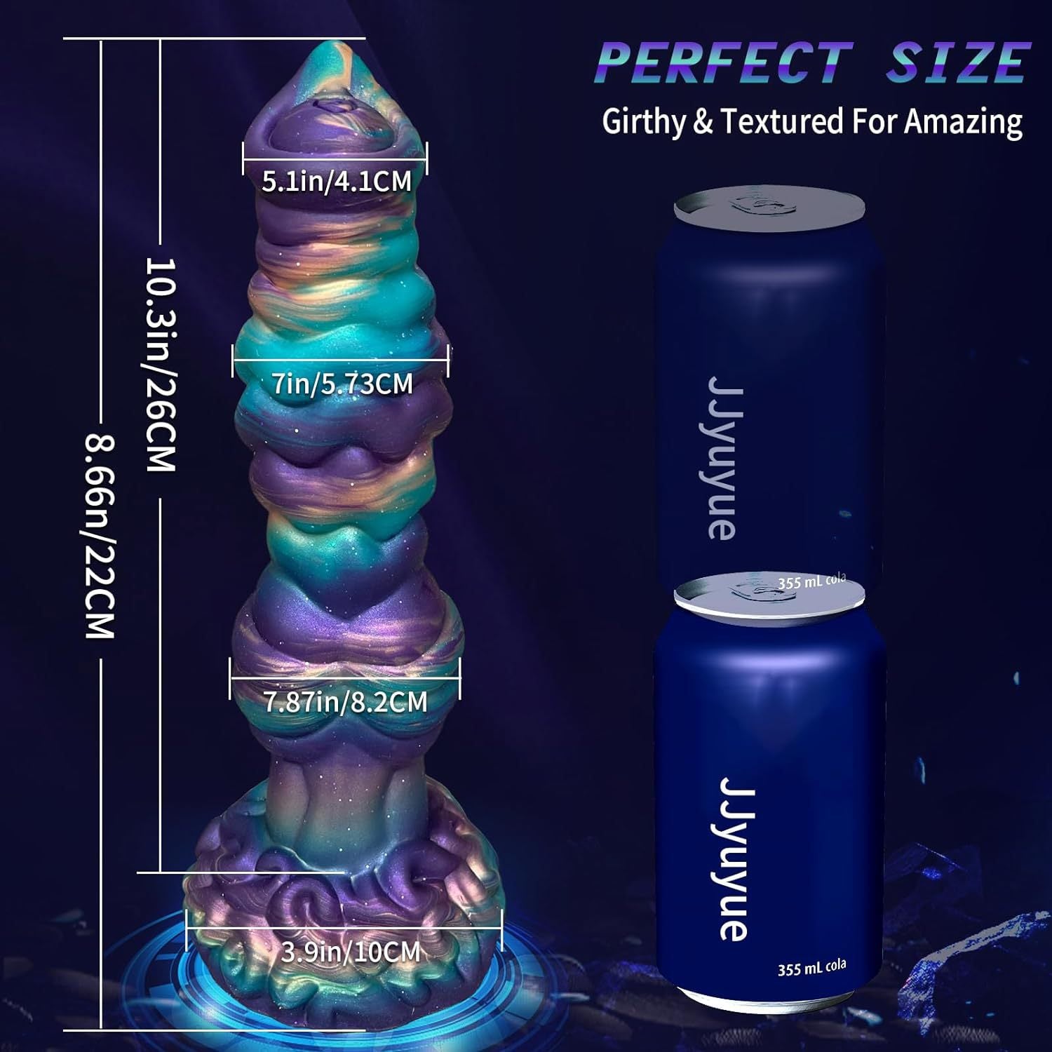 Realistic Big Dragon Monster illustrated with dimensions alongside standard cans for size comparison.