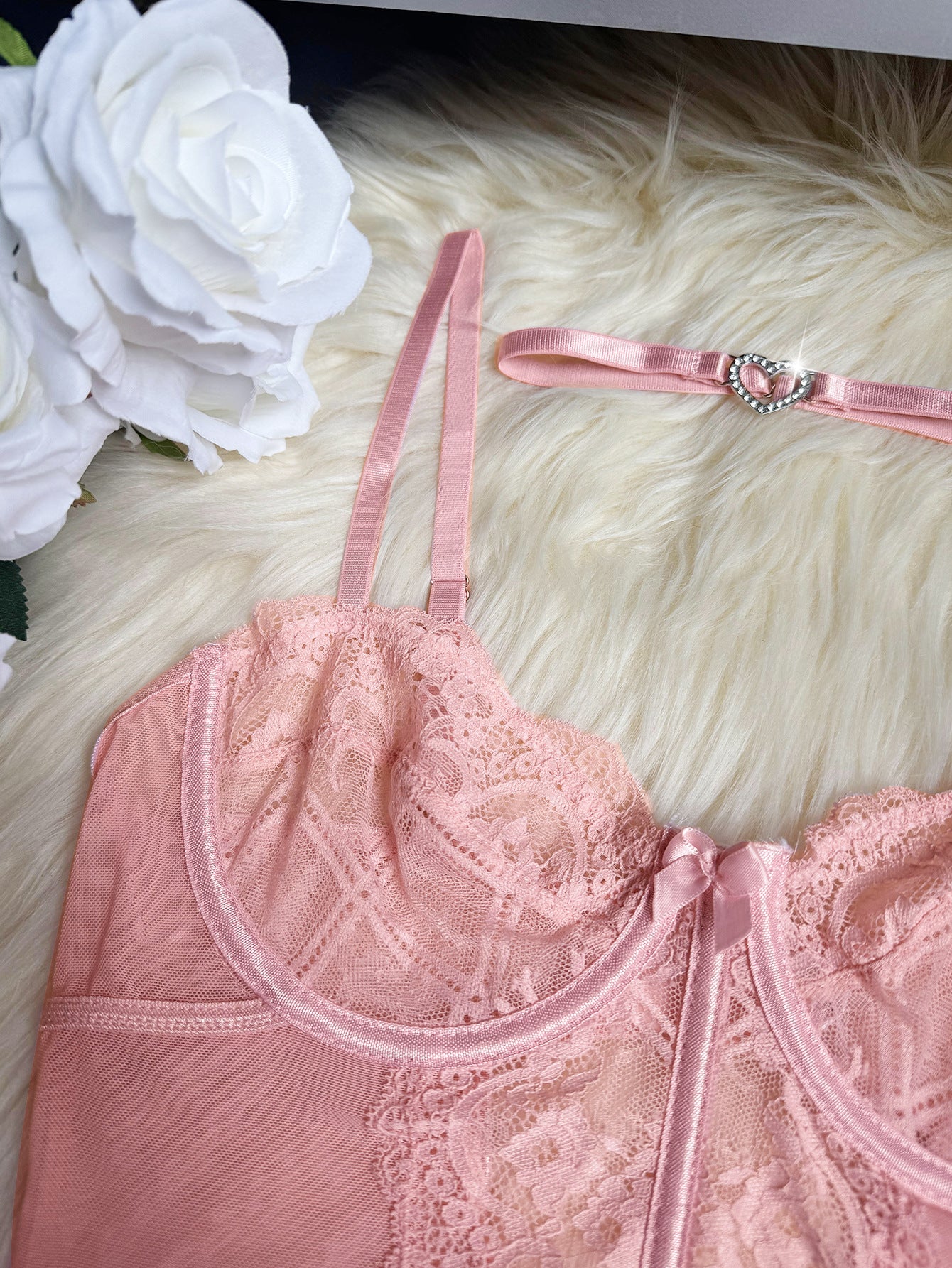 Women's Sexy Flora Lace Lingerie Garter Belt pink deatil