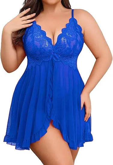 Plus Size Lace Lingerie V-Neck Open Front Chemise Sexive Nightdress