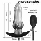 Silver-black inflatable silicone plug with illustrated body and air-bulb dimensions