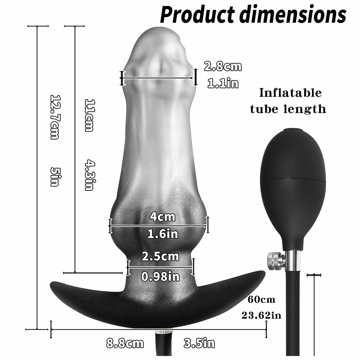 Silver-black inflatable silicone plug with illustrated body and air-bulb dimensions