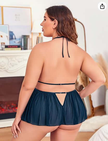 Sexy Plus Size Sheer Lace Deep V Neck Cross Halter Bodysuit Lingerie-dark green one back view
