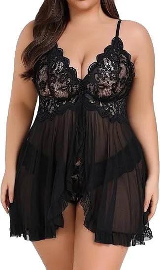 Plus Size Lace Lingerie V-Neck Open Front Chemise Sexive Nightdress