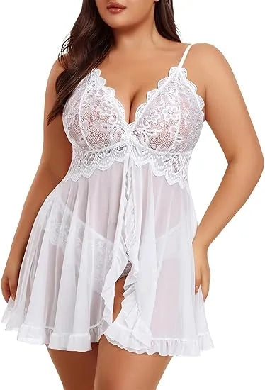 Plus Size Lace Lingerie V-Neck Open Front Chemise Sexive Nightdress