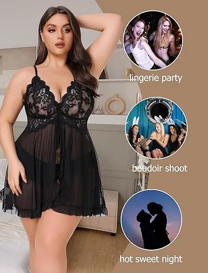 Plus Size Lace Lingerie V-Neck Open Front Chemise Sexive Nightdress