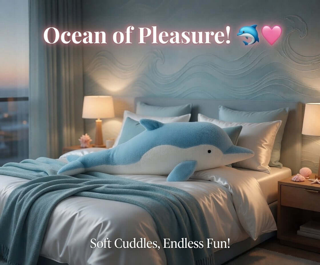Dolphin Plush Thrusting Dildo Vibrator on a cozy bed with soft pillows and blankets, promoting pleasure and comfort.