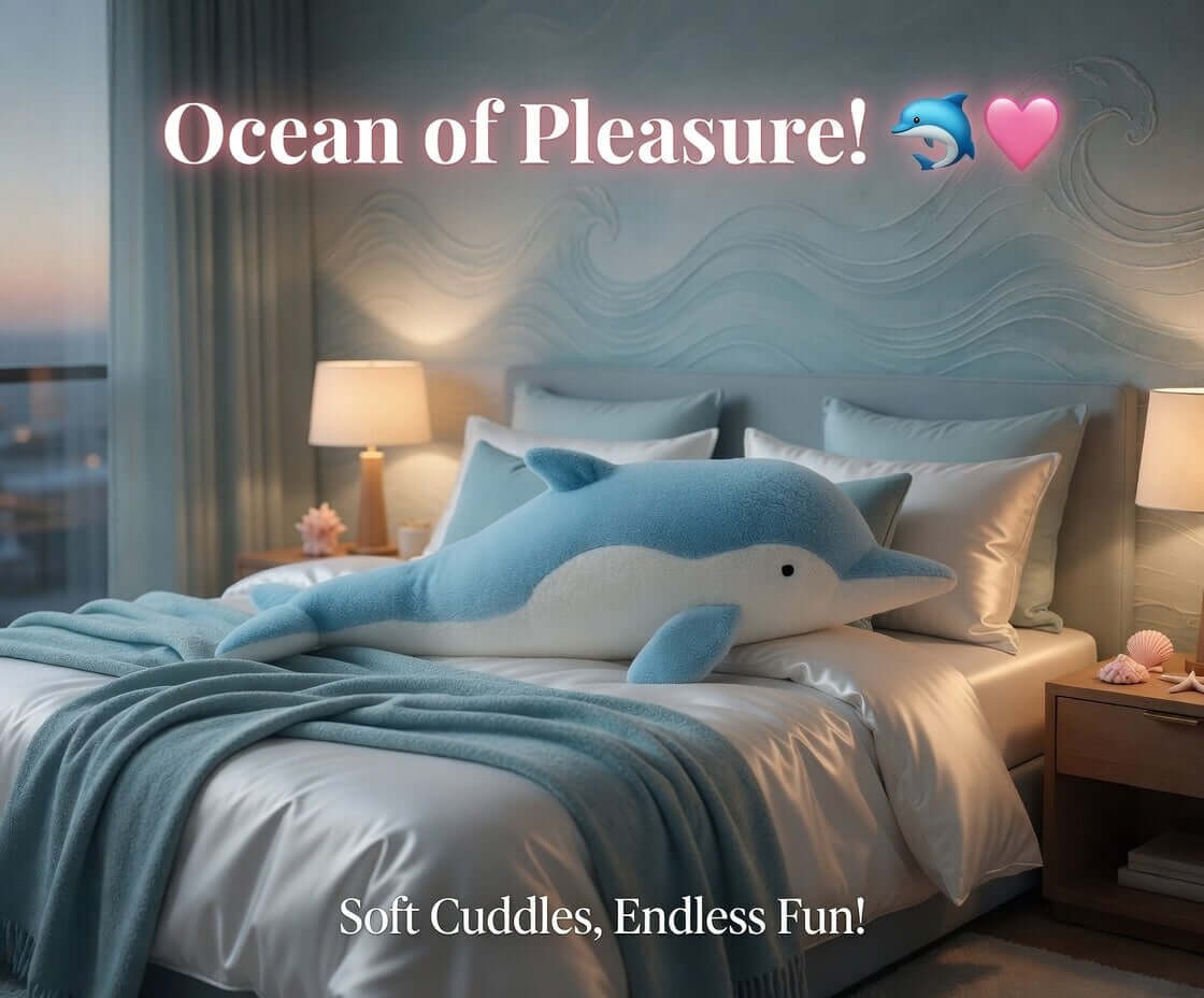Dolphin Plush Thrusting Dildo Vibrator on a cozy bed with soft pillows and blankets, promoting pleasure and comfort.