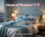Dolphin Plush Thrusting Dildo Vibrator on a cozy bed with soft pillows and blankets, promoting pleasure and comfort.