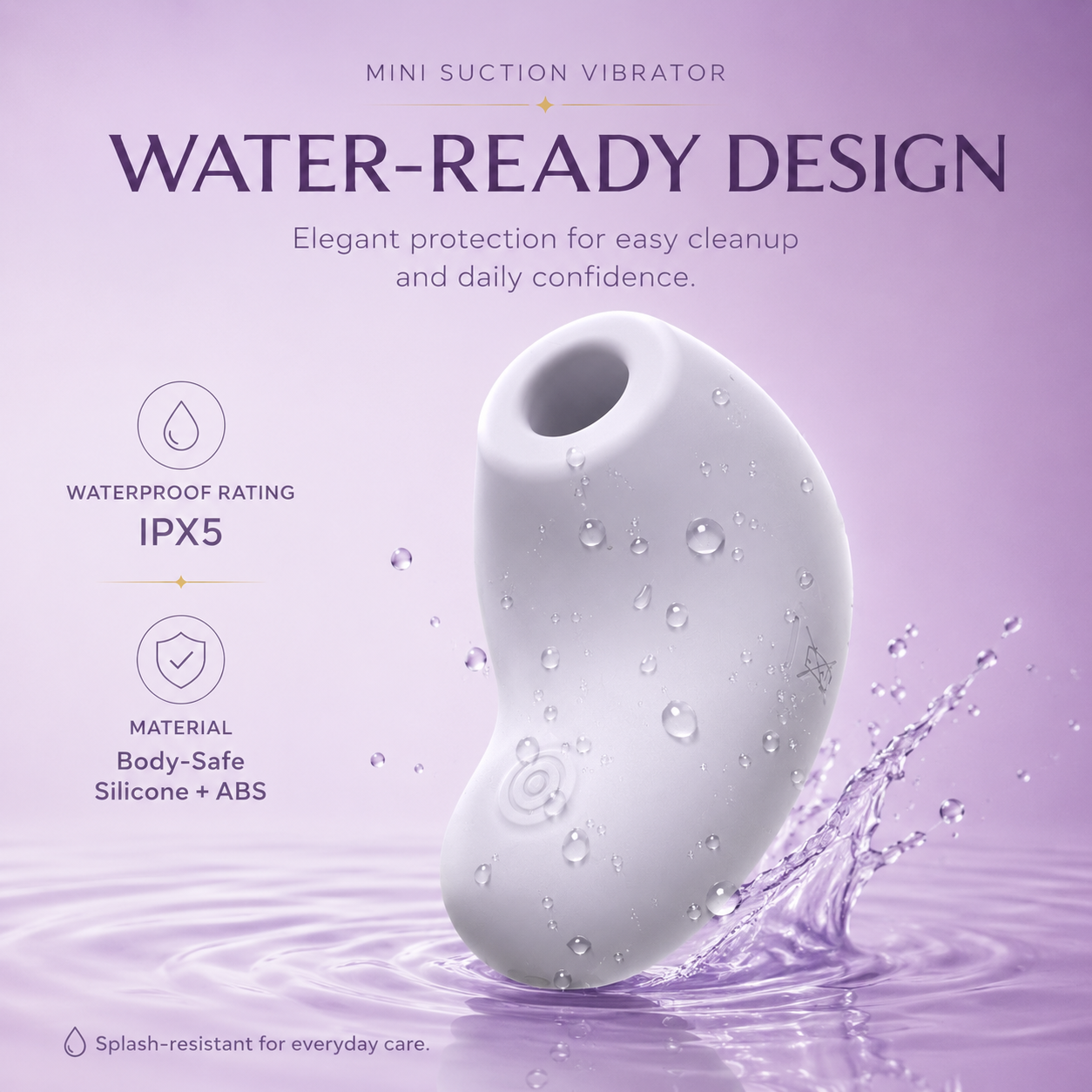 Compact suction vibrator showing 6000 RPM, quiet motor, and 10 stimulation modes
