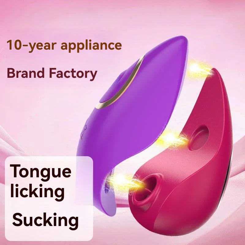 Purple and red silicone tongue-licking and suction vibrator on pink background, adult toy