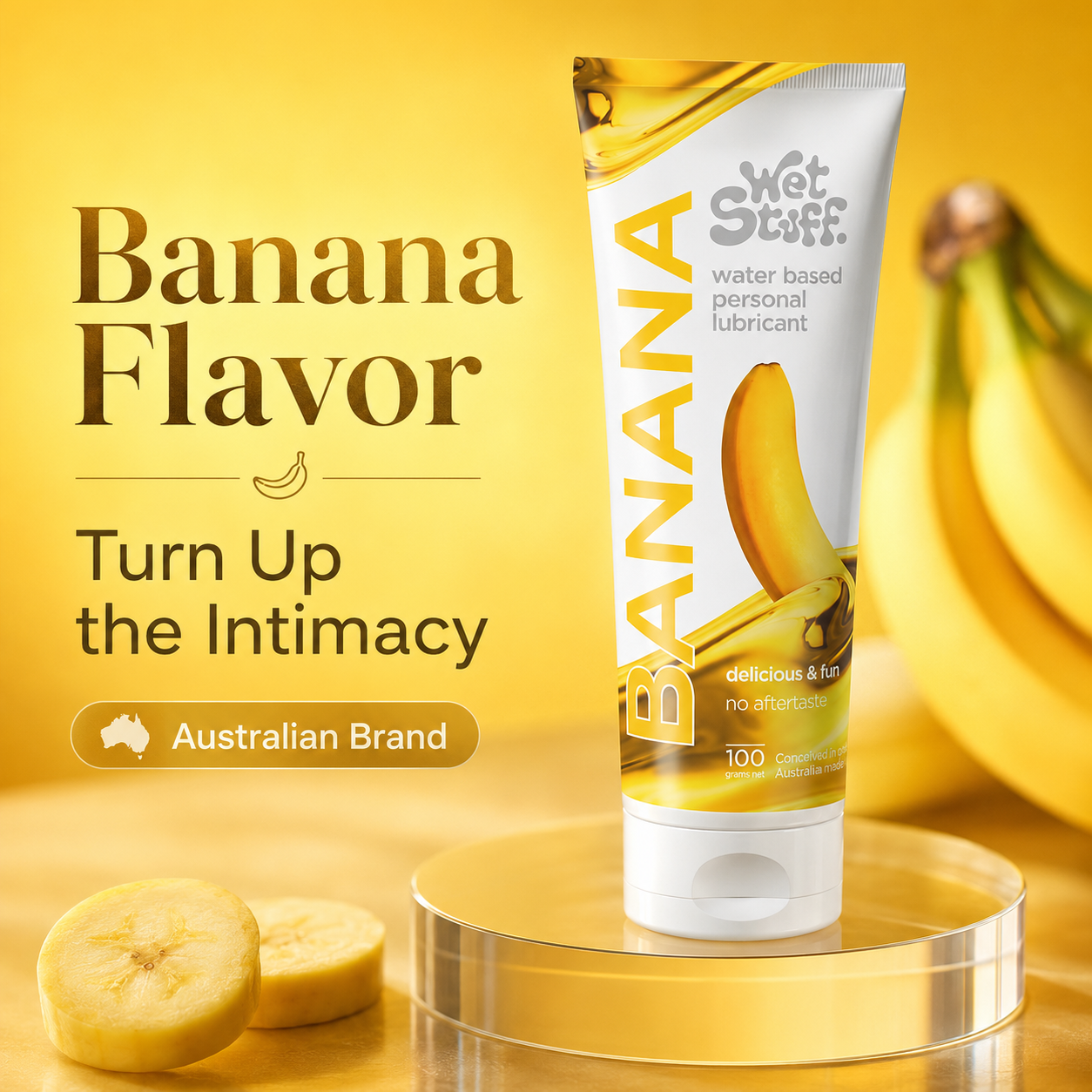 Banana Water-Based Edible Lubricant by Wet Stuff - Sweet banana flavor silky smooth personal lubricant 100g Australian brand