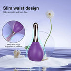 Purple metal anal plug with slim waist design, smooth finish, and ergonomic shape on soft background.