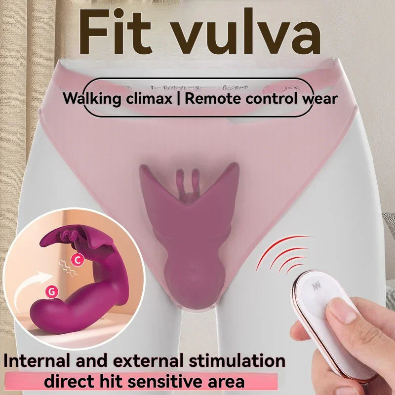 Wearable remote control vibrator for internal and external stimulation with clitoral focus.