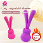Long tongue bird-shaped vibrator in pink and purple, silicone, dual flexible tips, discreet shipping