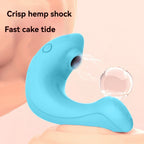 Blue silicone adult stimulator with suction nozzle and bubble effect on soft background