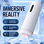 Interactive male masturbator showing AI app features and connected control options