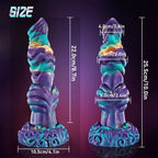 Realistic Big Dragon Monster with Iridescent Purple Teal Dildo dimensions showing height of 22cm and base size of 10.5cm.