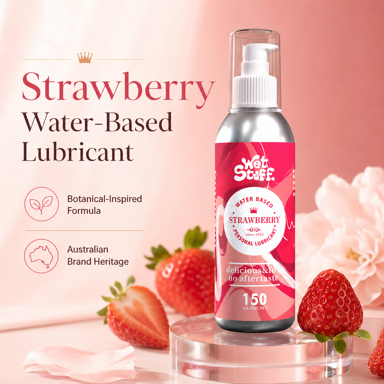 Wet Stuff Strawberry Edible Water Based Lube - Oral Safe water-based lubricant bottle with strawberries in the background.
