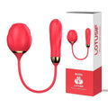 Red rose-shaped silicone intimate massager with gold accents and product packaging.