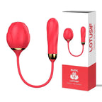 Red rose-shaped silicone intimate massager with gold accents and product packaging.