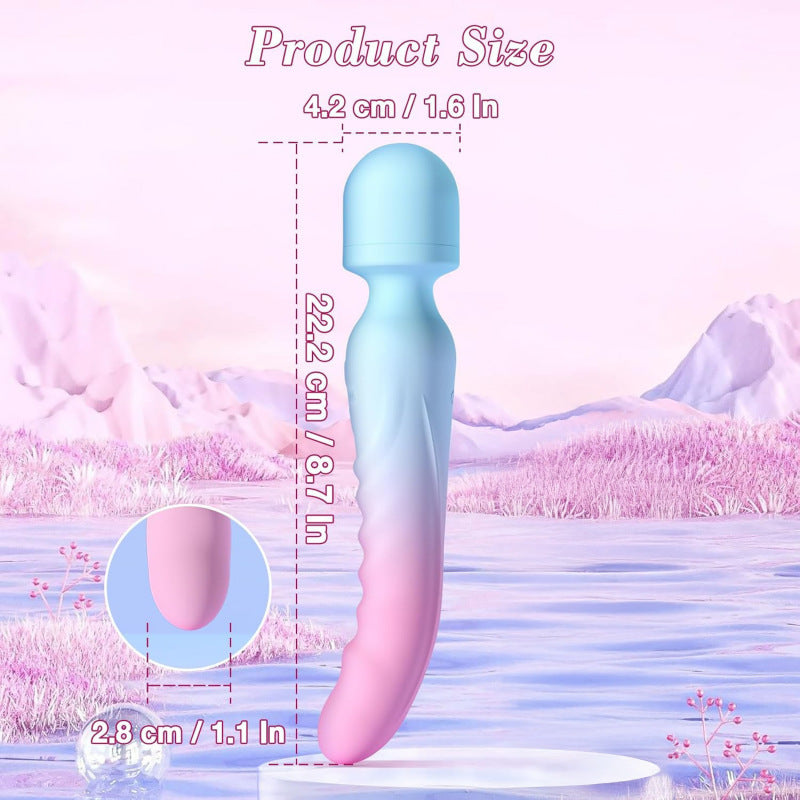 Size illustration of blue pink gradient heating dildo wand with dimensions: 222mm length, 42mm diameter.