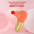 Orange and gold G-spot stimulation vibrator with suction design, small and portable on pink background.
