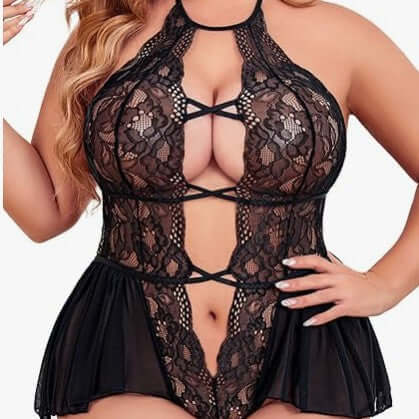Sexy Plus Size Sheer Lace Deep V Neck Cross Halter Bodysuit Lingerie
