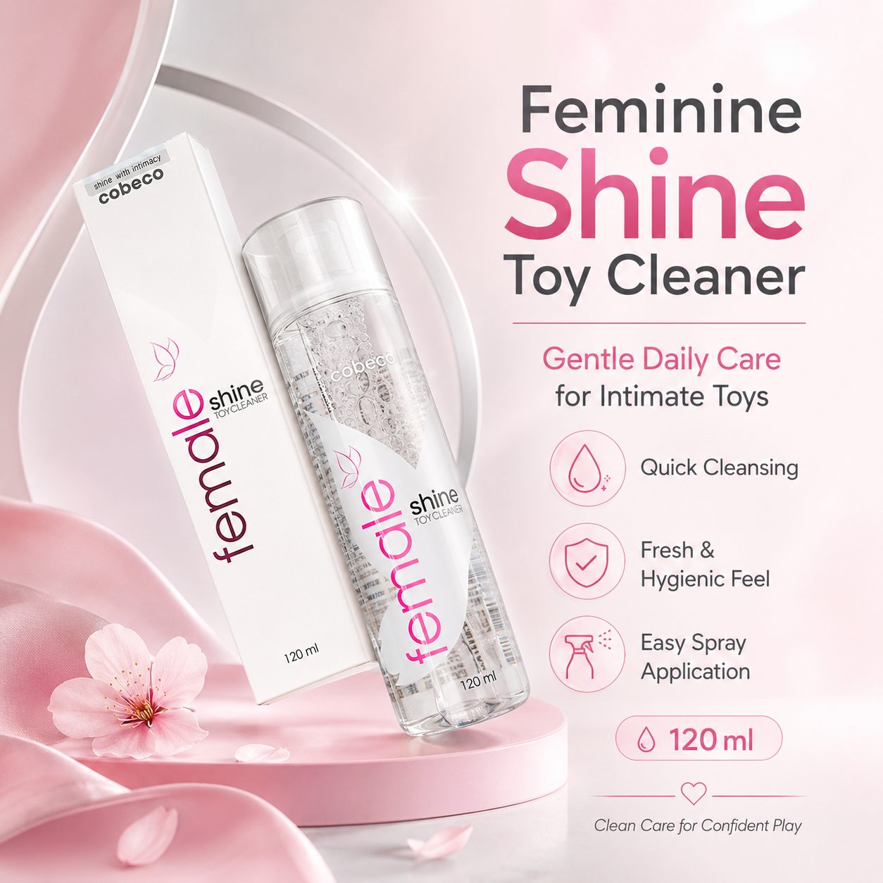 Gentle Sex Toy Cleaner 120ml Alcohol-Free Silicone Safe Spray in a stylish bottle and box for intimate toy care.