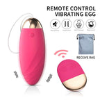 Mini Remote Control Vibrating Egg in pink with remote and storage bag, showcasing its wearable design and waterproof features.