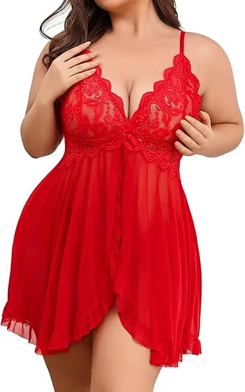 Plus Size Lace Lingerie V-Neck Open Front Chemise Sexive Nightdress