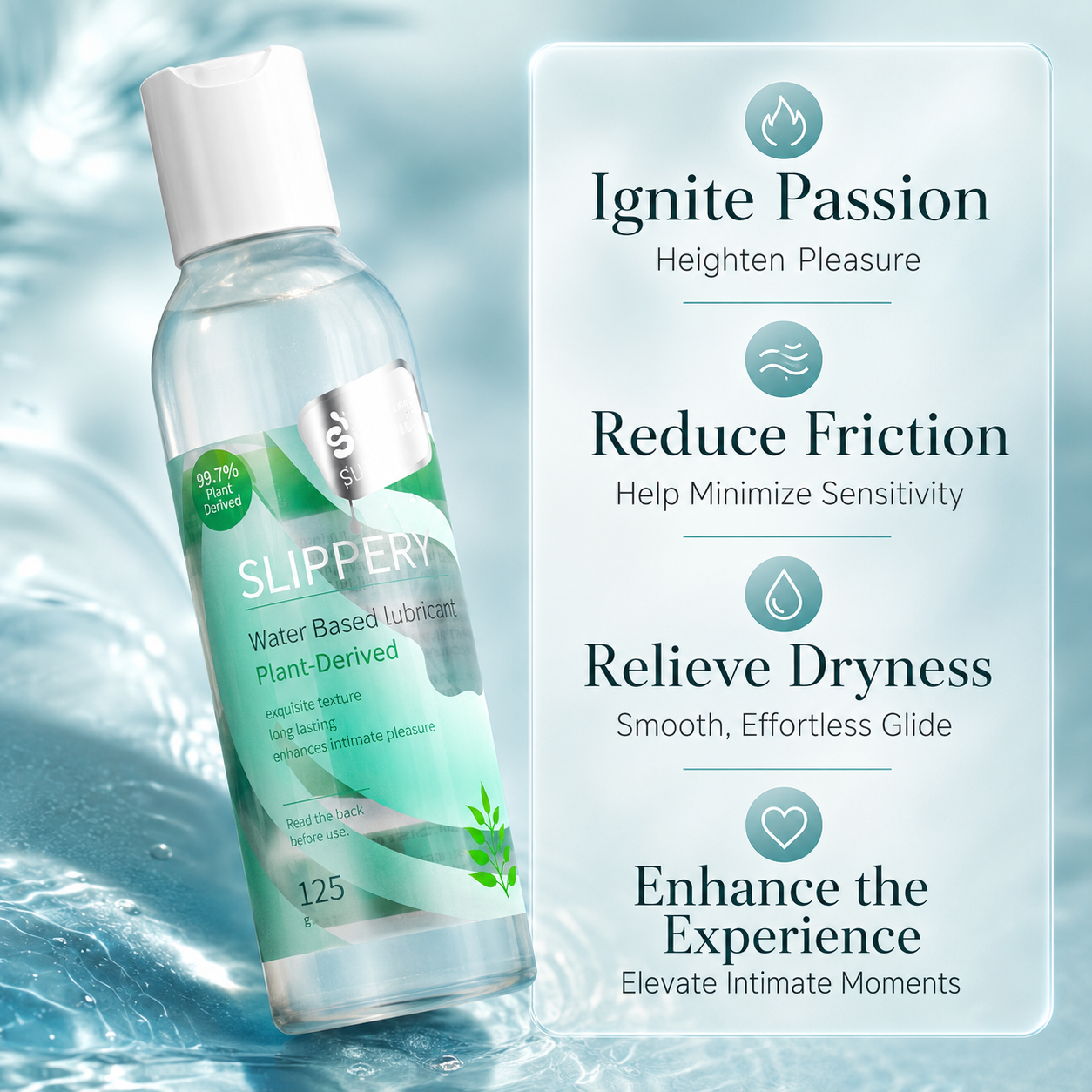 Wet Stuff Slippery Water-Based Lubricant benefits - Ignite passion, reduce friction, relieve dryness and enhance intimate experience