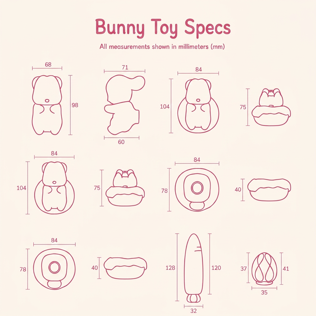 kawaii bunny vibrator size chart with toy and attachment measurements