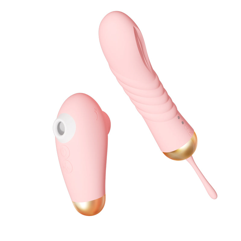 Pink G-spot suction vibrator set with app-controlled bullet vibrator