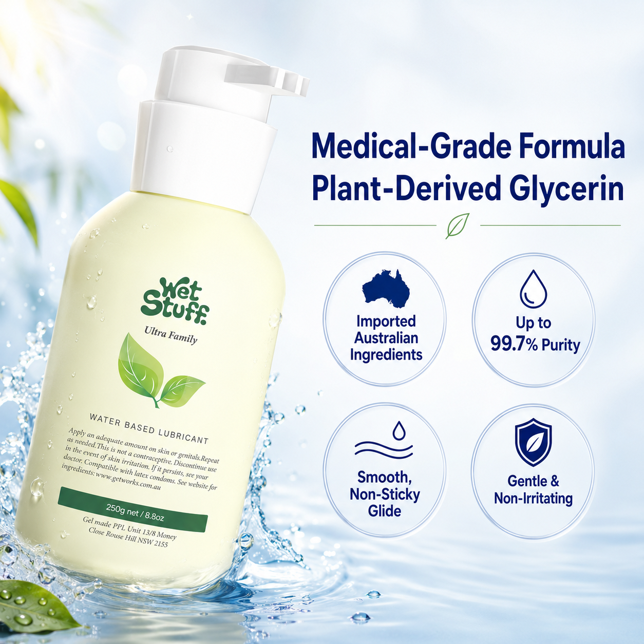 Wet Stuff 8.8oz pH Balanced Gentle Water-Based Lubricant with medical-grade formula and plant-derived glycerin.