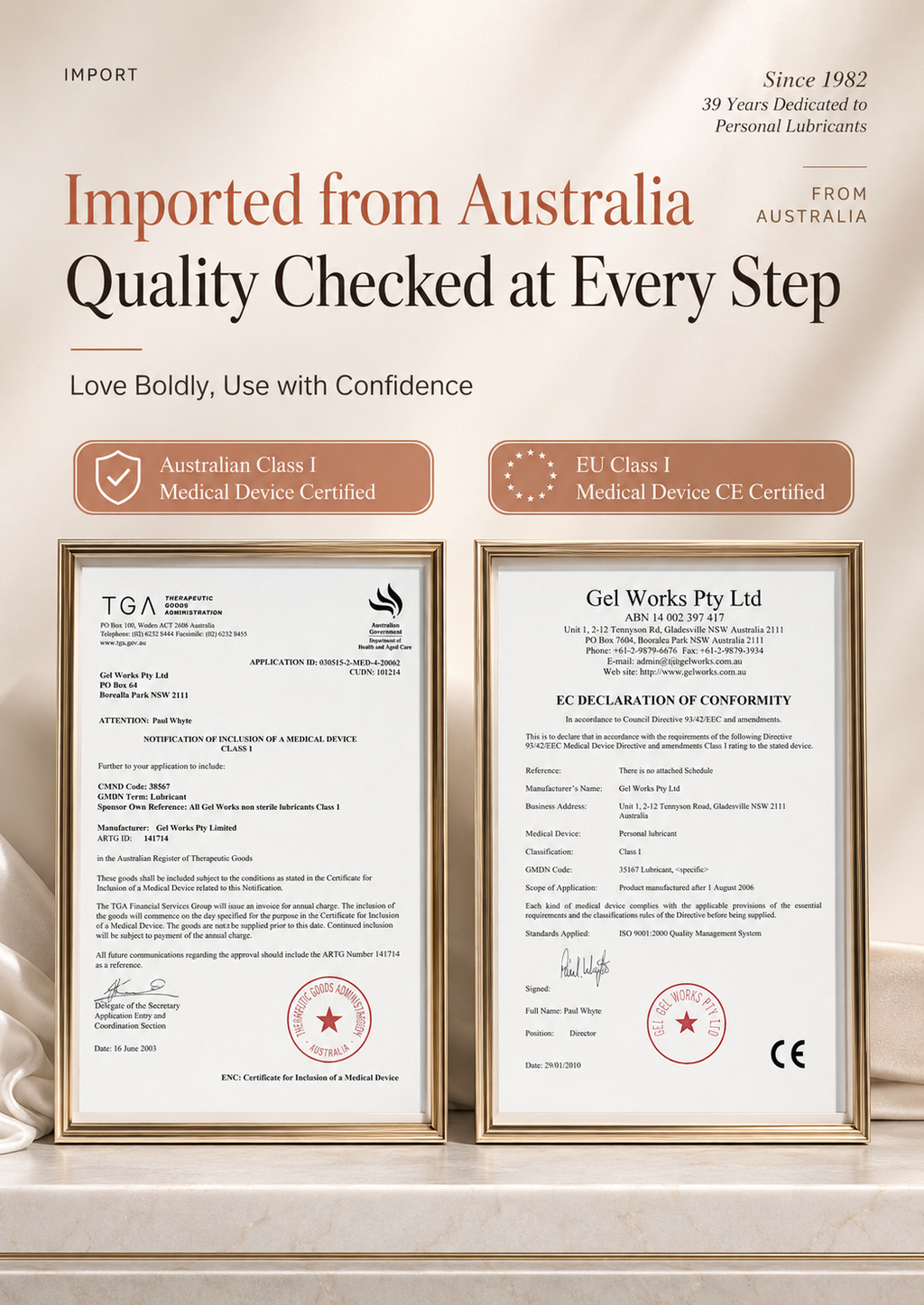 Imported from Australia quality certifications for Wet Stuff Strawberry Edible Water Based Lube, ensuring safety and excellence.