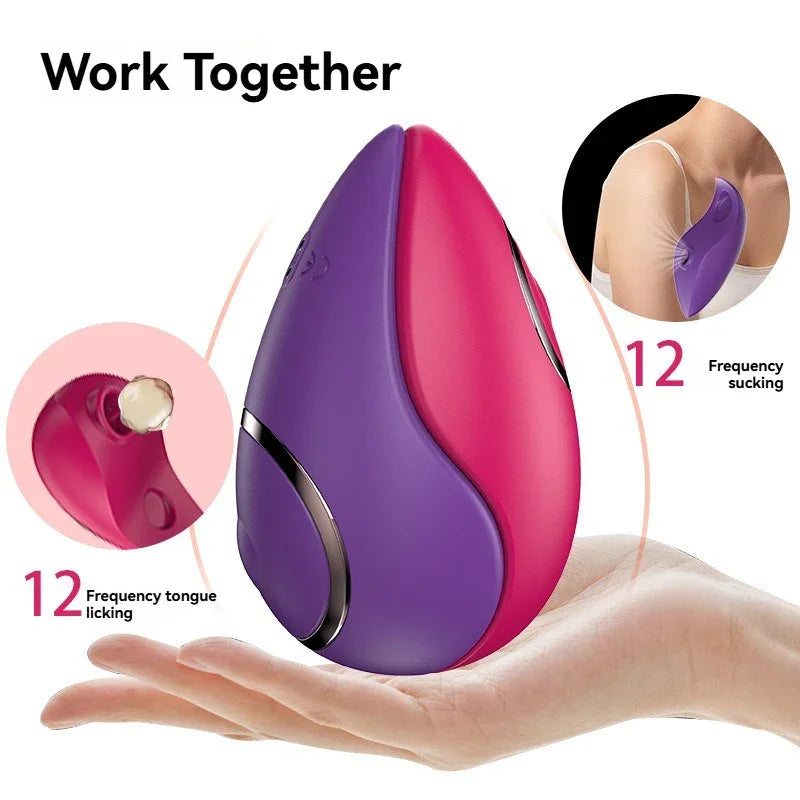 Purple and pink silicone personal massager with 12 frequency modes, shown in hand and on shoulder.