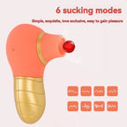 Pink and gold suction vibrator with six mode icons and pleasure-focused features