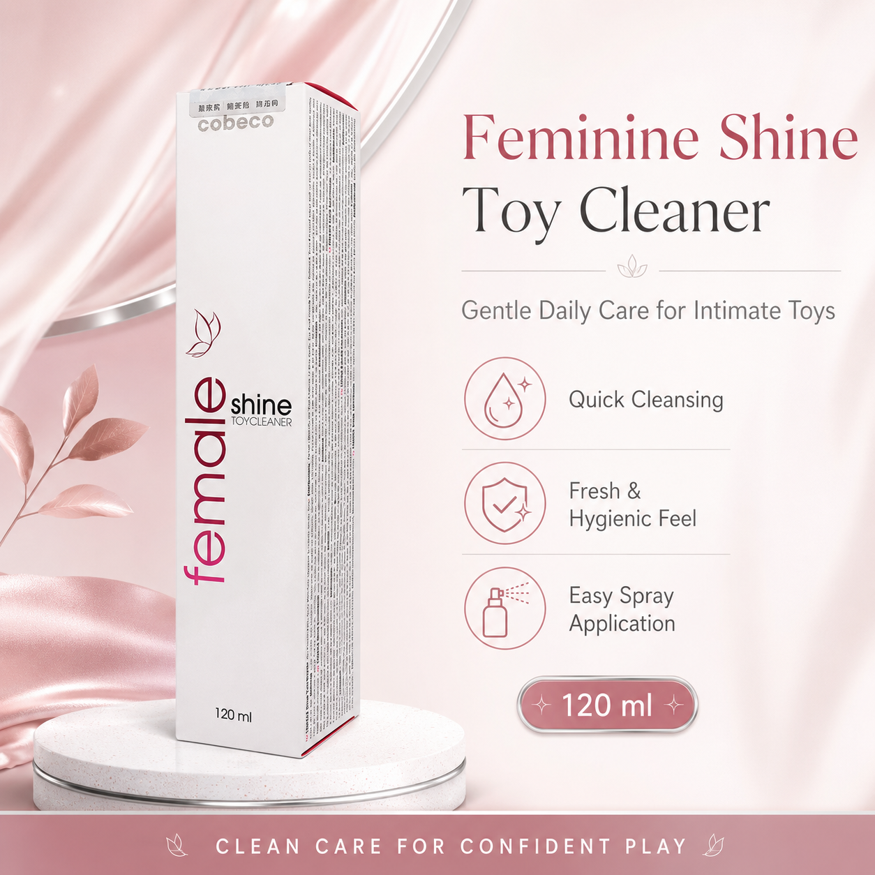 Gentle Sex Toy Cleaner 120ml with quick cleansing and hygienic feel, ideal for intimate toys, easy spray application.